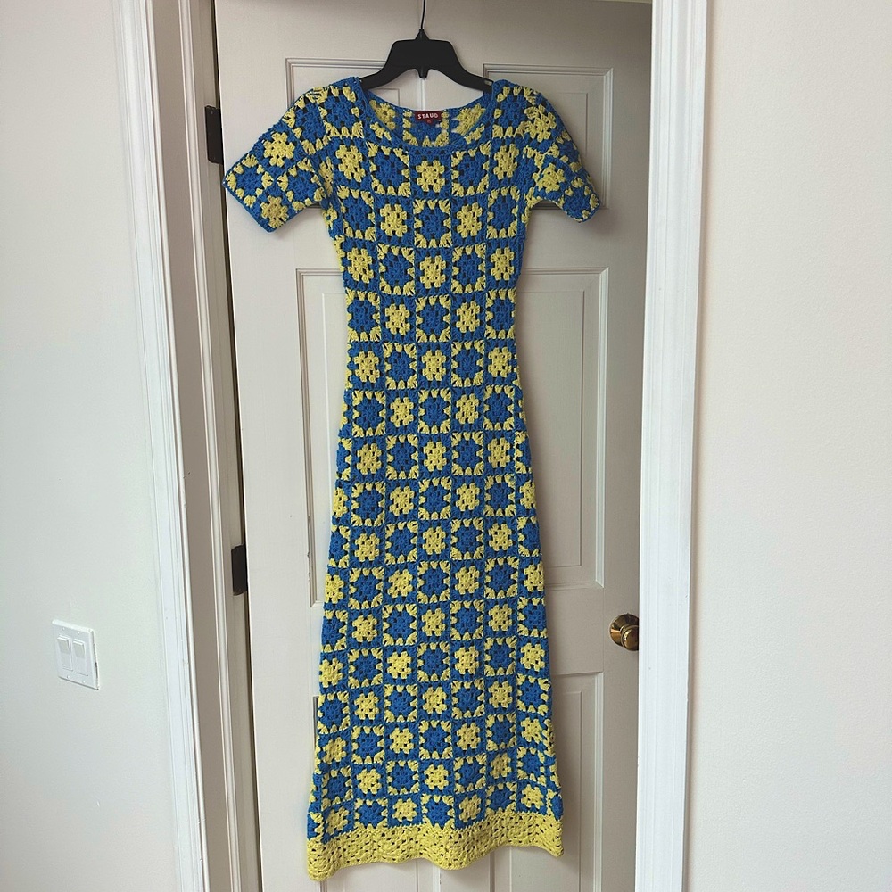 STAUD blue yellow crochet 70s style maxi dress XS